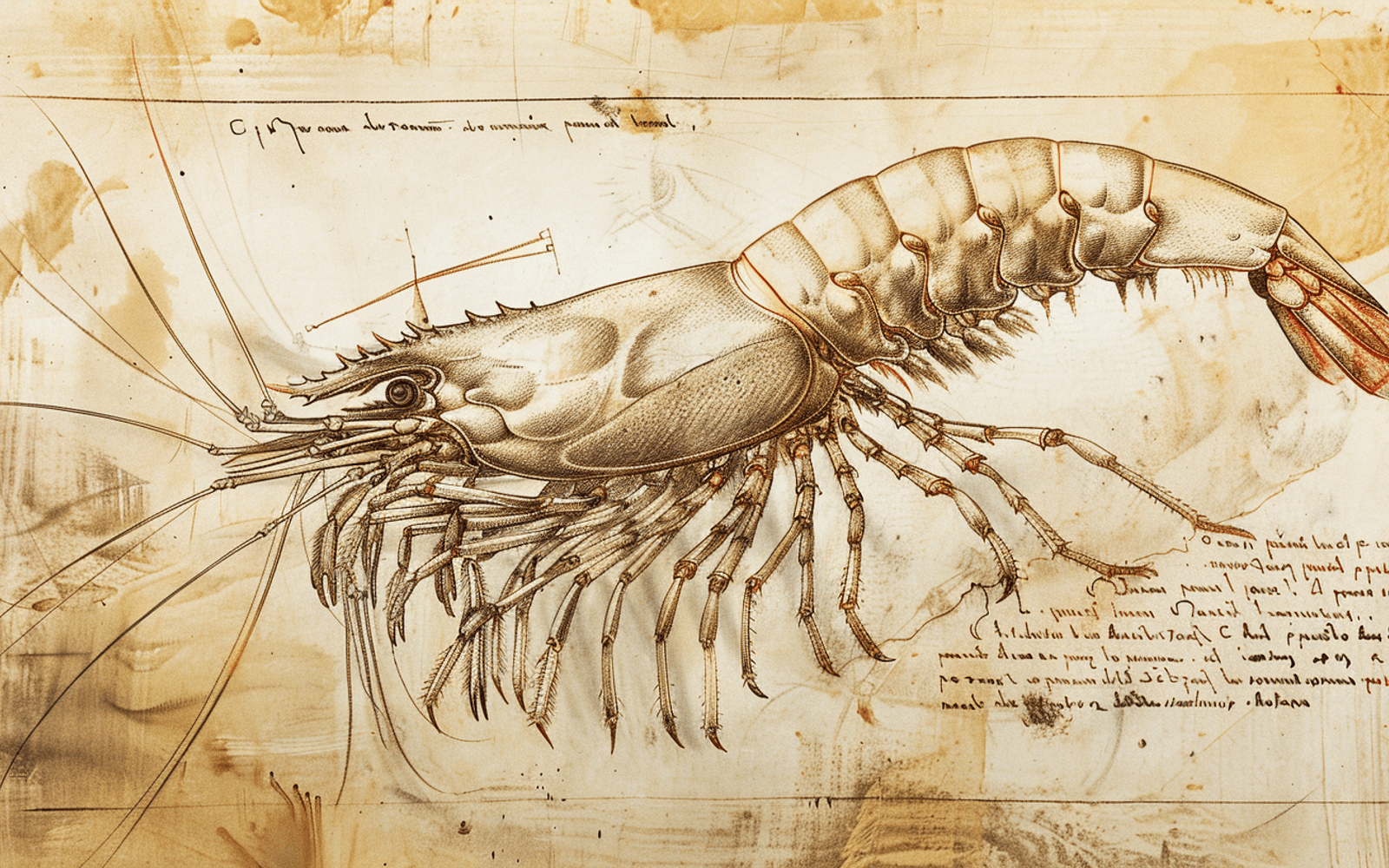 A fictional drawing of a shrimp in the style of da vinci